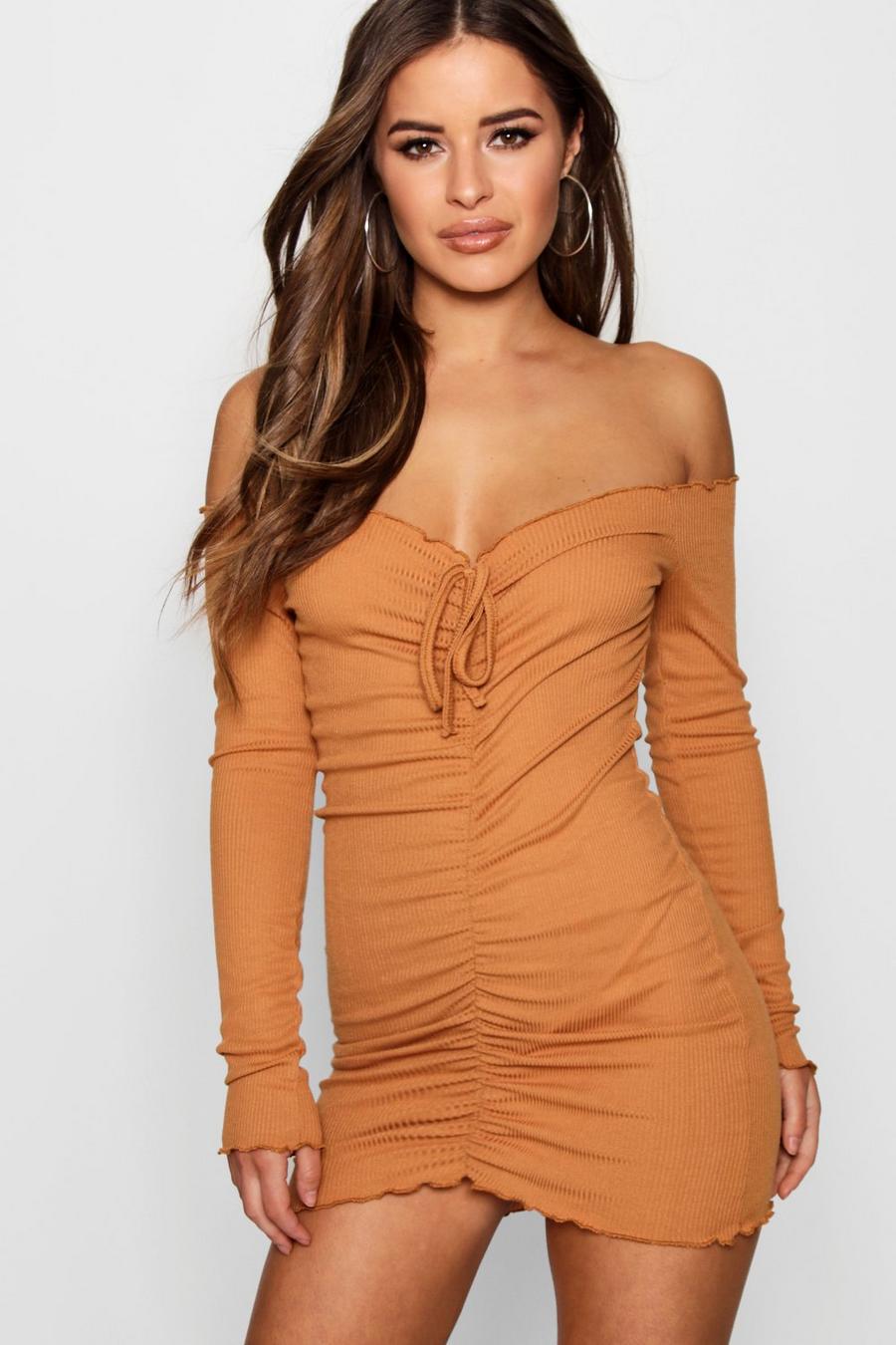 Toffee Petite Ruched Front Rib Bardot Bodycon Dress image number 1