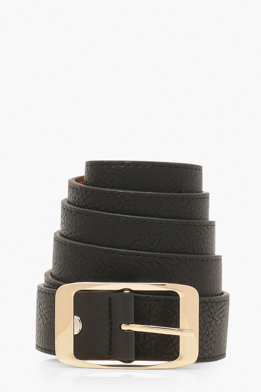boohooMAN Gold Buckle Faux Leather Belt - Black - Size L