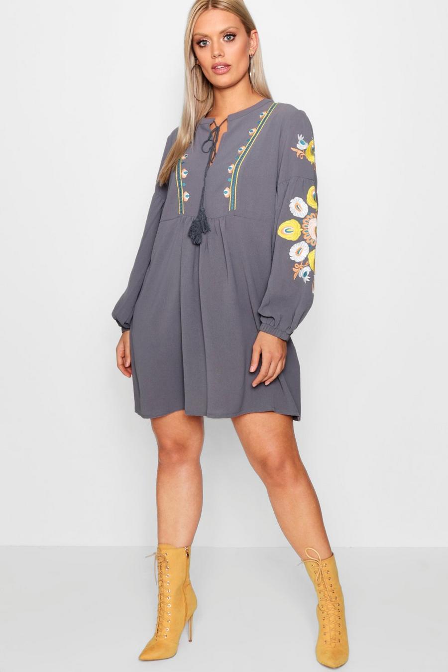 Plus Embroidered Woven Smock Dress, Grey image number 1