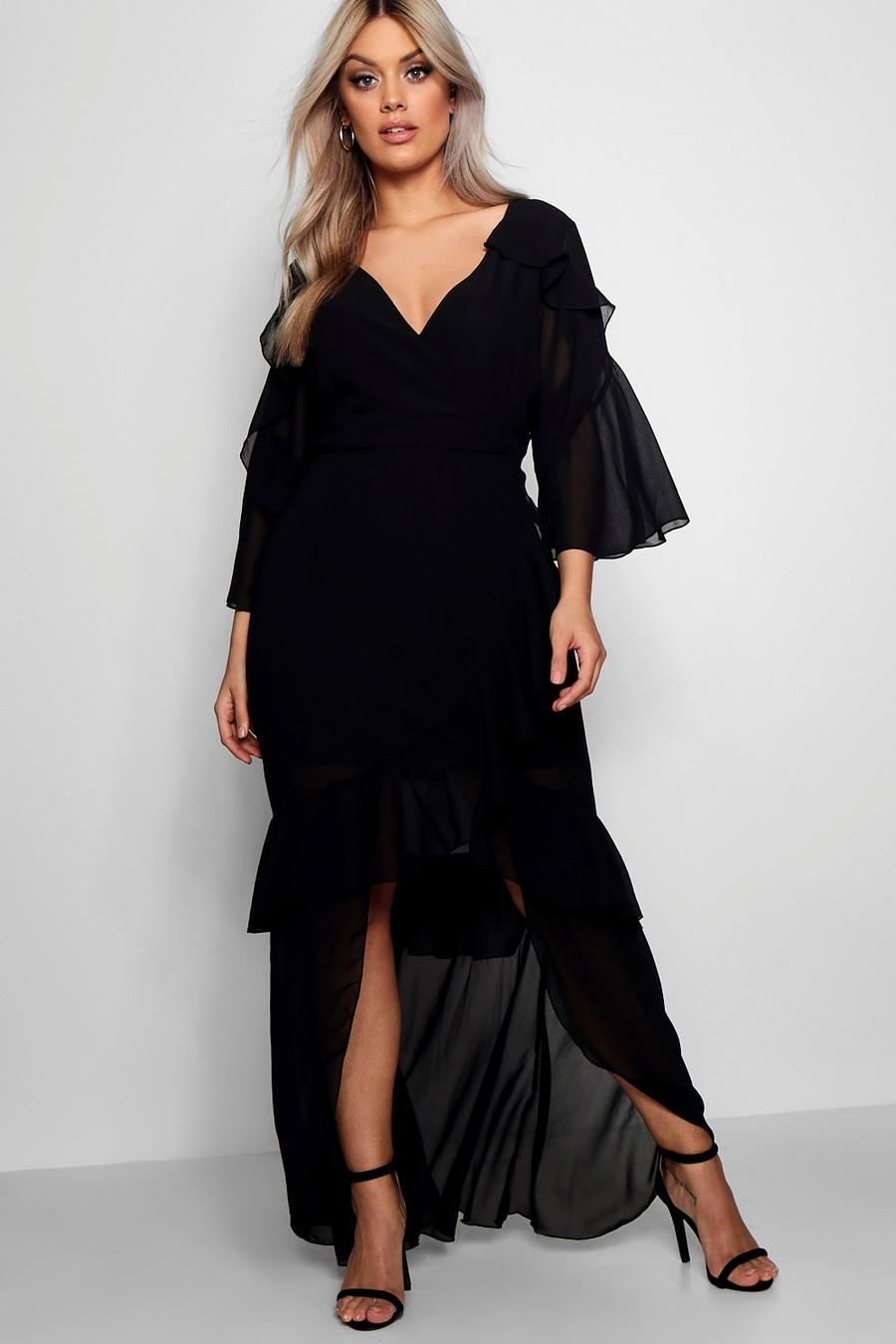 שחור שמלת מקסי עם מלמלה משיפון מידות גדולות image number 1