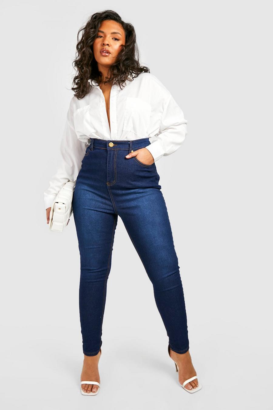 Jeans Plus Size Skinny Fit a vita alta con 5 tasche, Indaco azul