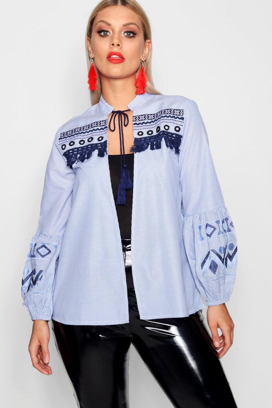 Plus Striped Embroidered Jacket, Blue image number 1
