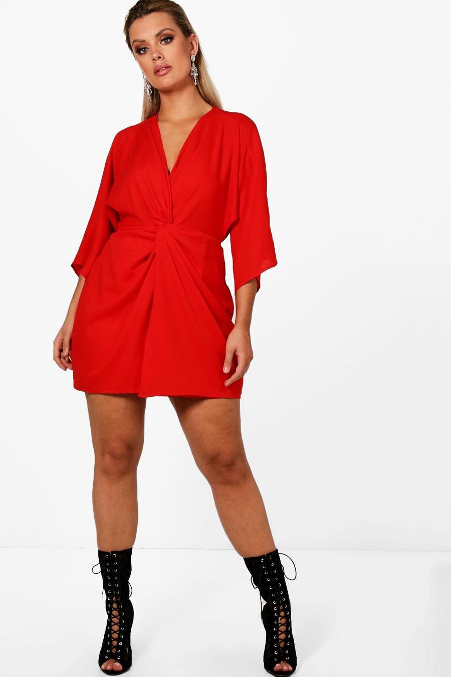 אדום rosso שמלה עם עיטור קשר ושרוולי 3/4 מידות גדולות