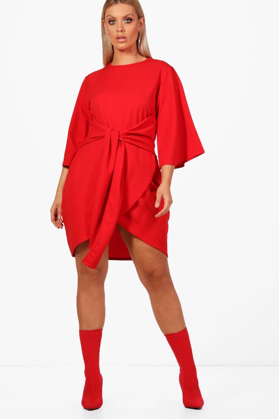 Red Plus Kimono Sleeve Tie Waist Wrap Dress image number 1