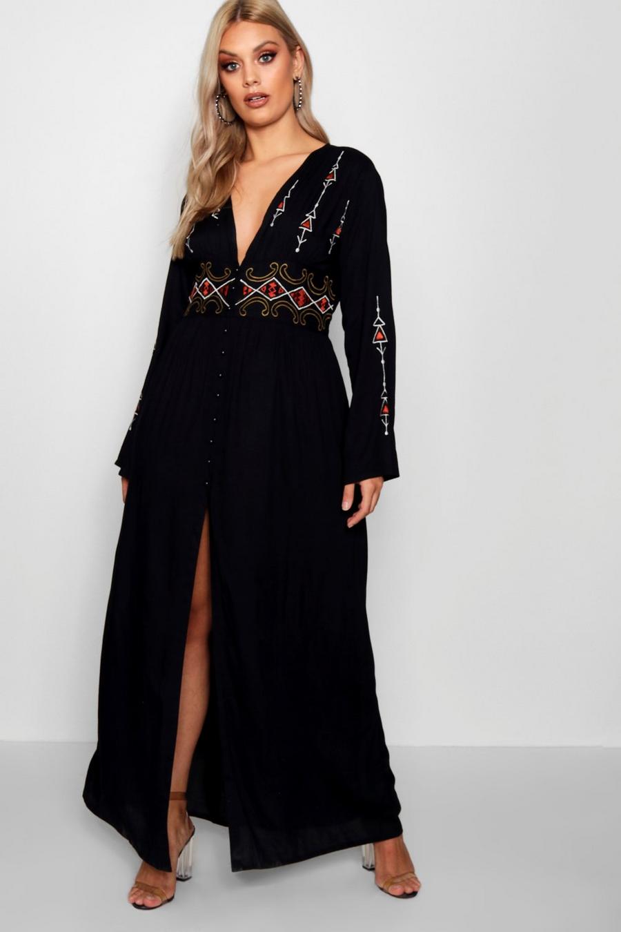 Black Plus  Embroidered Plunge Maxi Dress