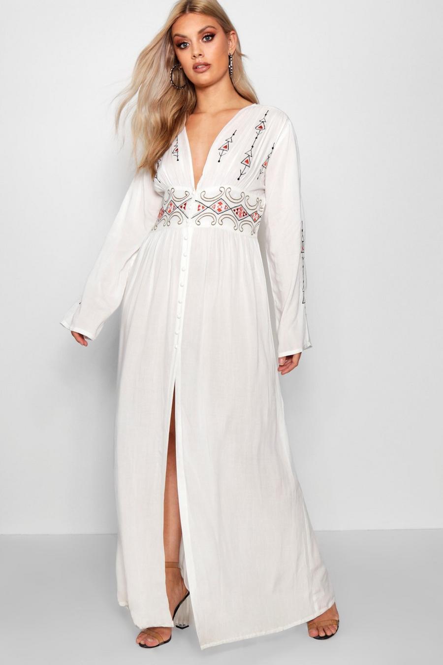 Ivory white Plus Embroidered Plunge Maxi Dress