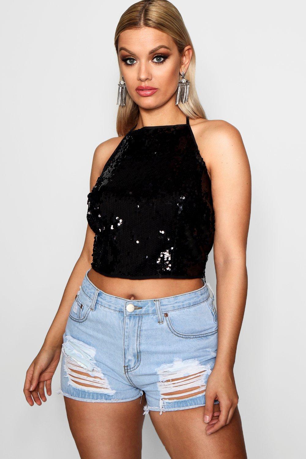 sequin black crop top