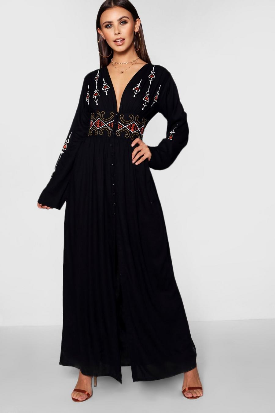 Black Petite Embroidered Button Front Maxi Dress image number 1