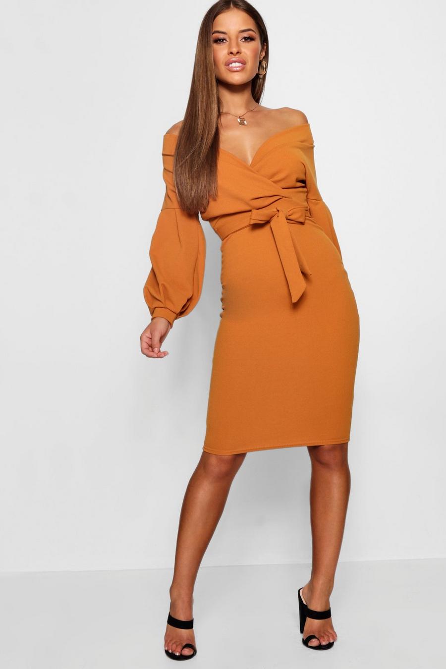 Amber orange Petite Off The Shoulder Wrap Midi Dress