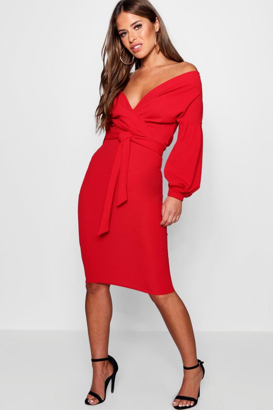 Red Petite Off The Shoulder Wrap Midi Dress image number 1