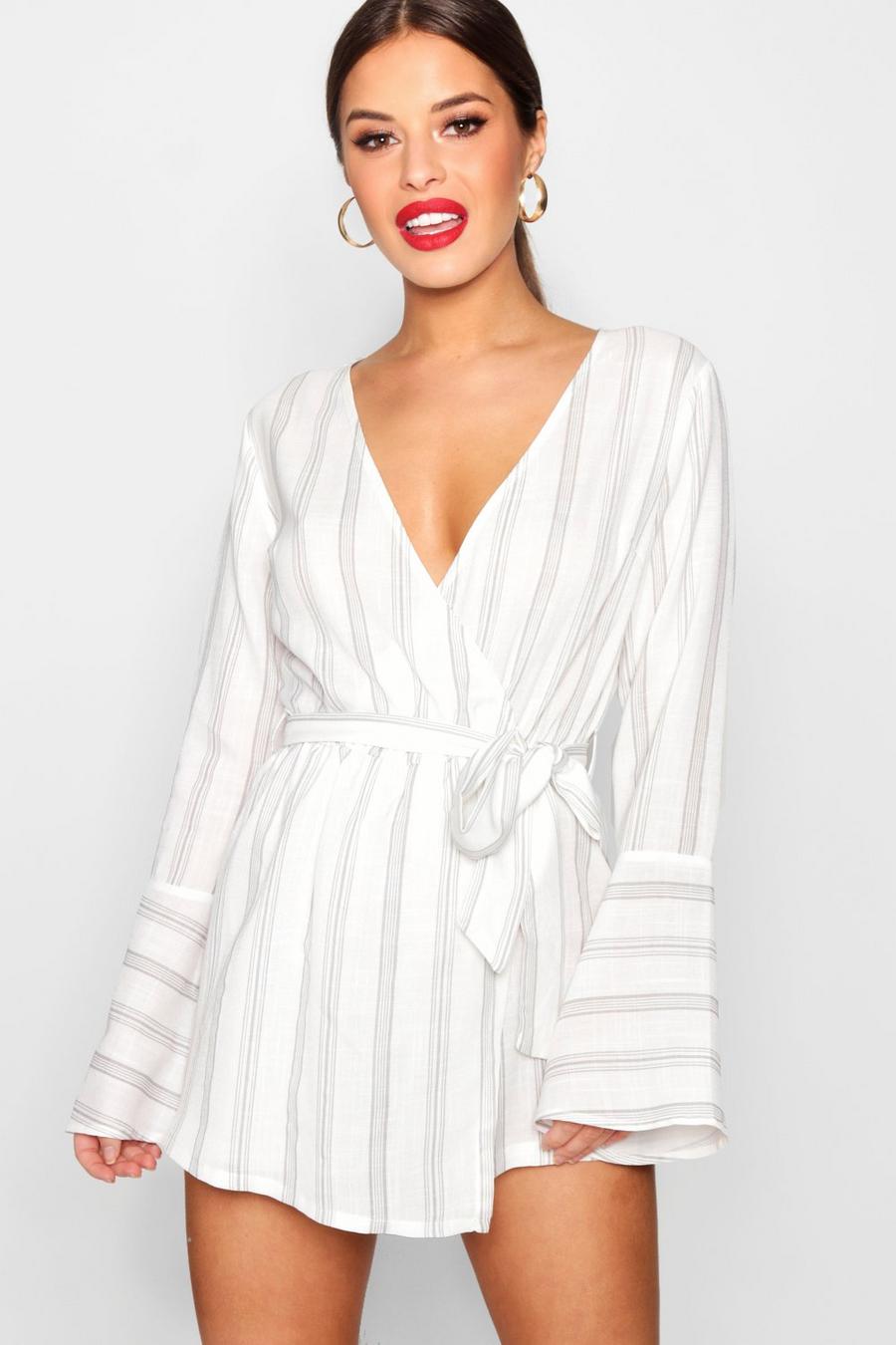 Grey Petite Stripe Woven Wrap Playsuit image number 1