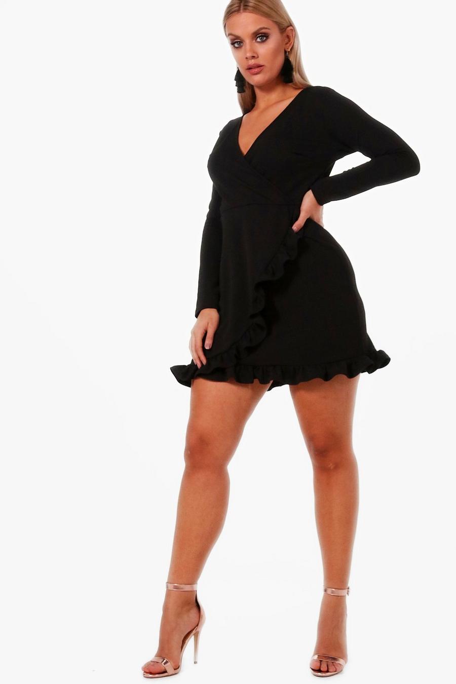 Black Plus  Long Sleeve Ruffle Wrap Dress