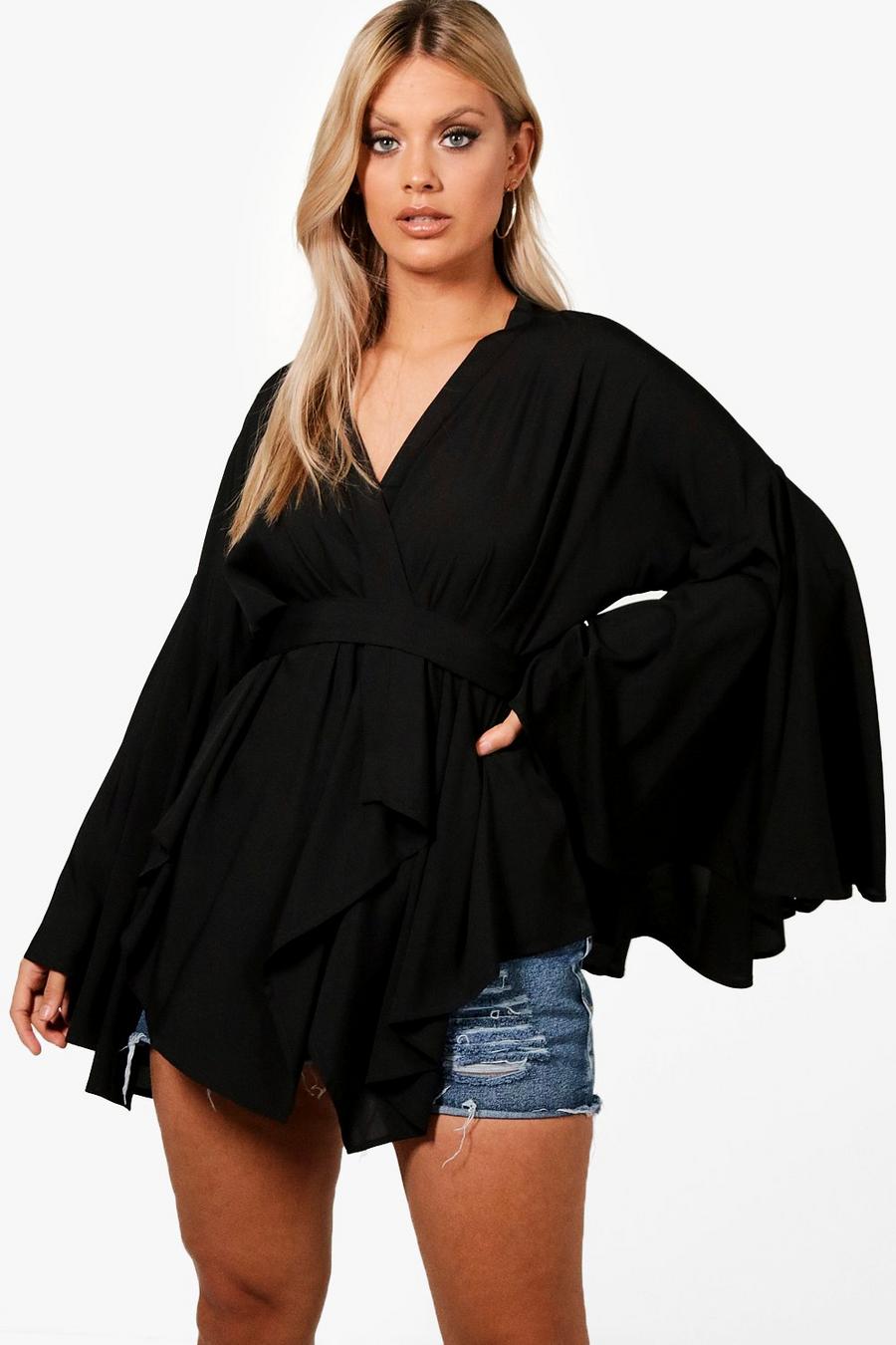 Black Plus Extreme Sleeve Wrap Front Tie Top image number 1
