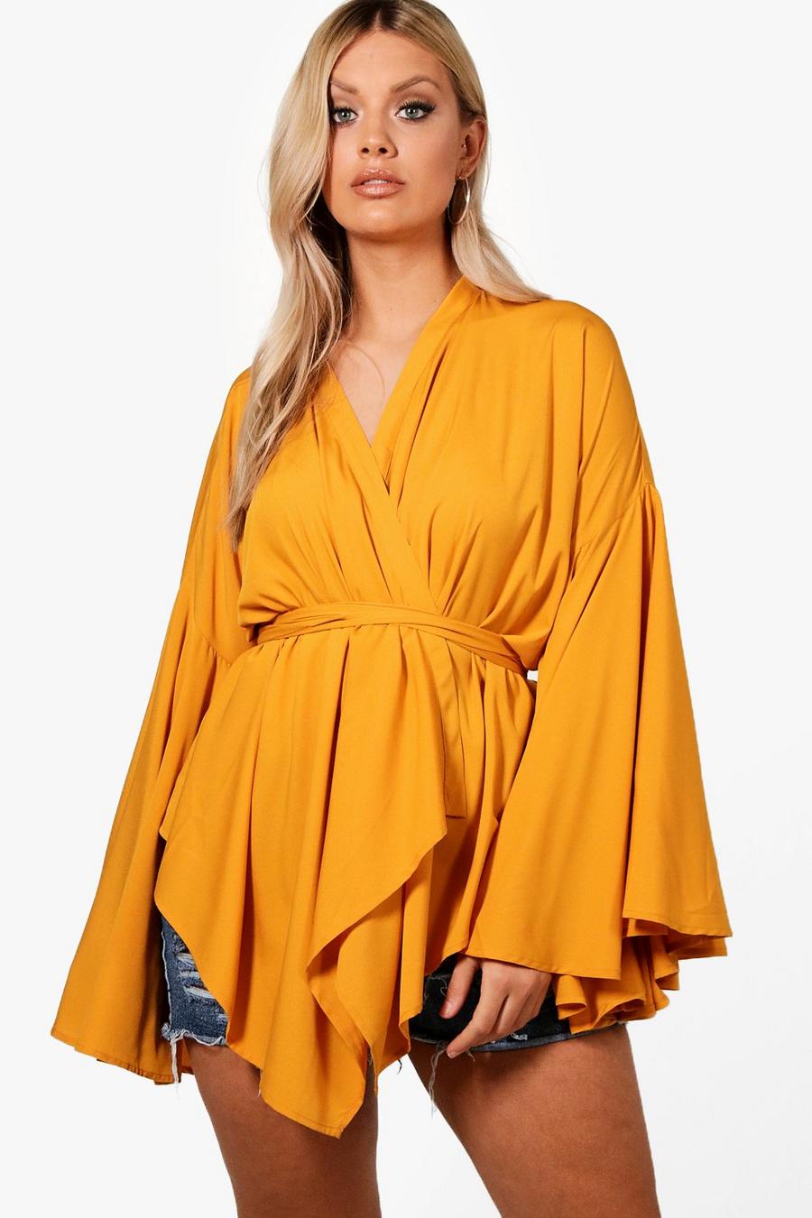 Mustard yellow Plus Extreme Sleeve Wrap Front Tie Top
