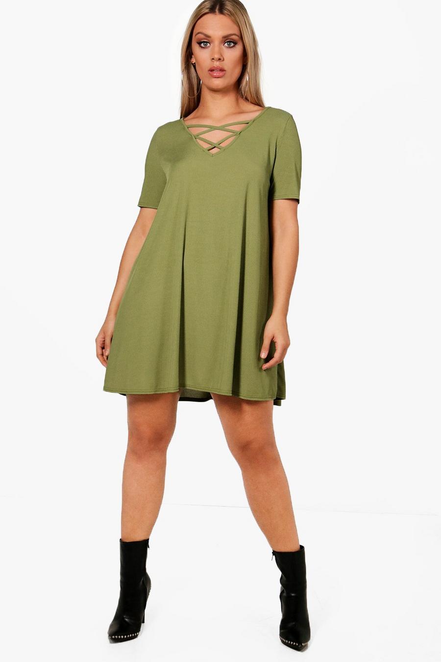 Military green Plus  Rib Cross Front Swing Dress image number 1