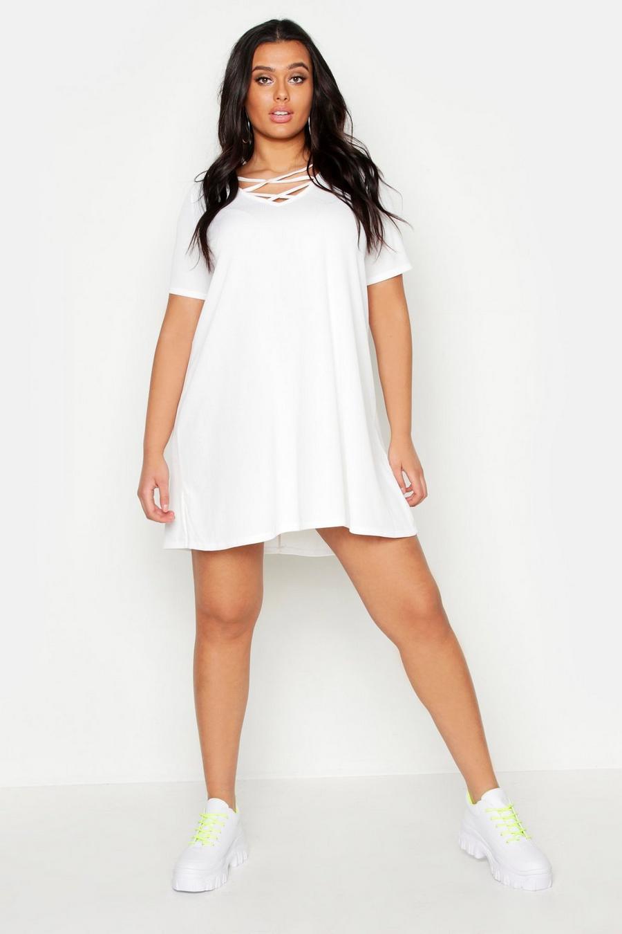 לבן שמלת סווינג ארוגה עם הצלבה בחזית, למידות גדולות image number 1