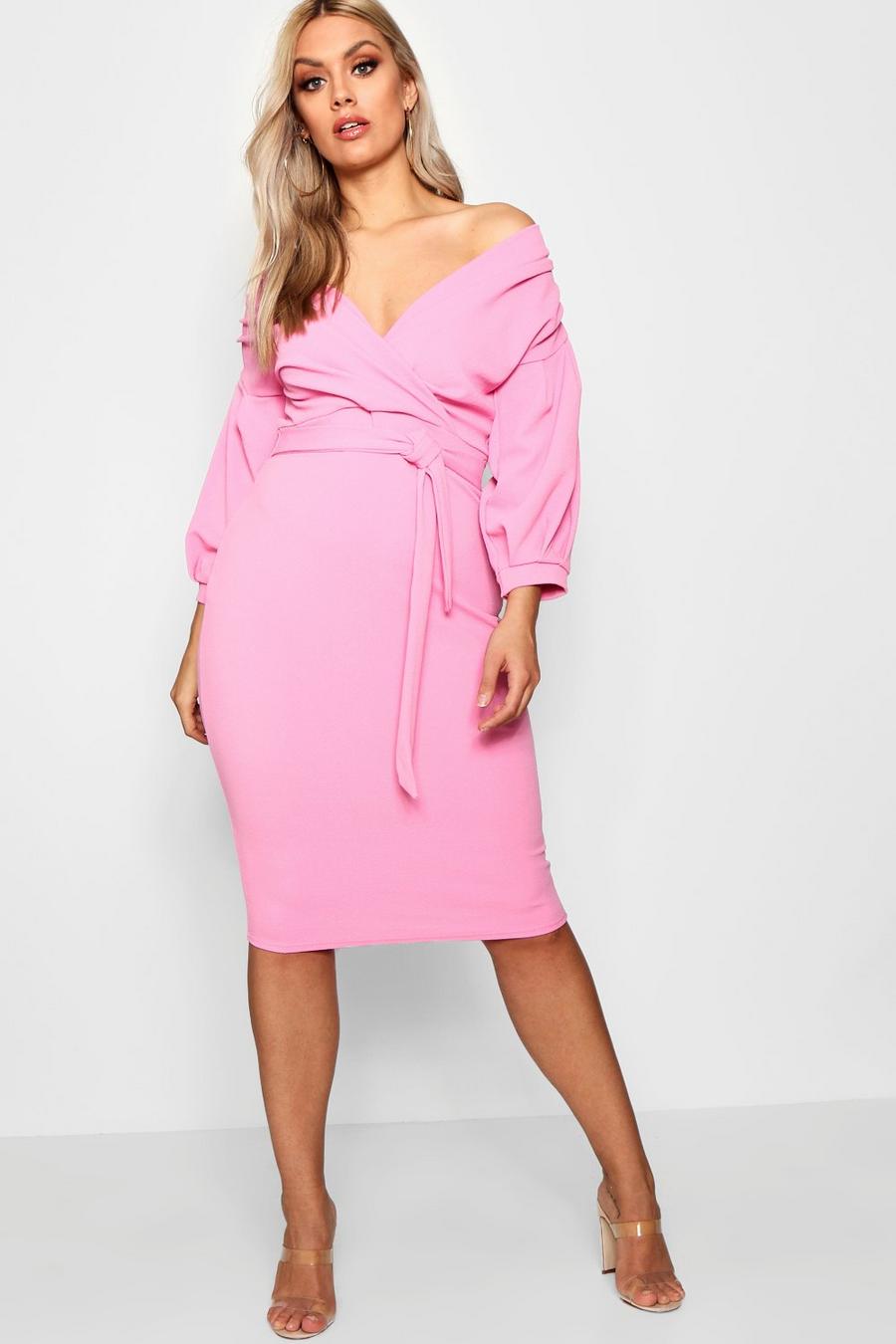 Powder pink Plus  Off The Shoulder Wrap Midi Dress image number 1