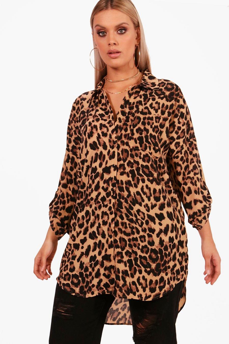 Plus  Leopard Print Oversized Shirt, Brown image number 1