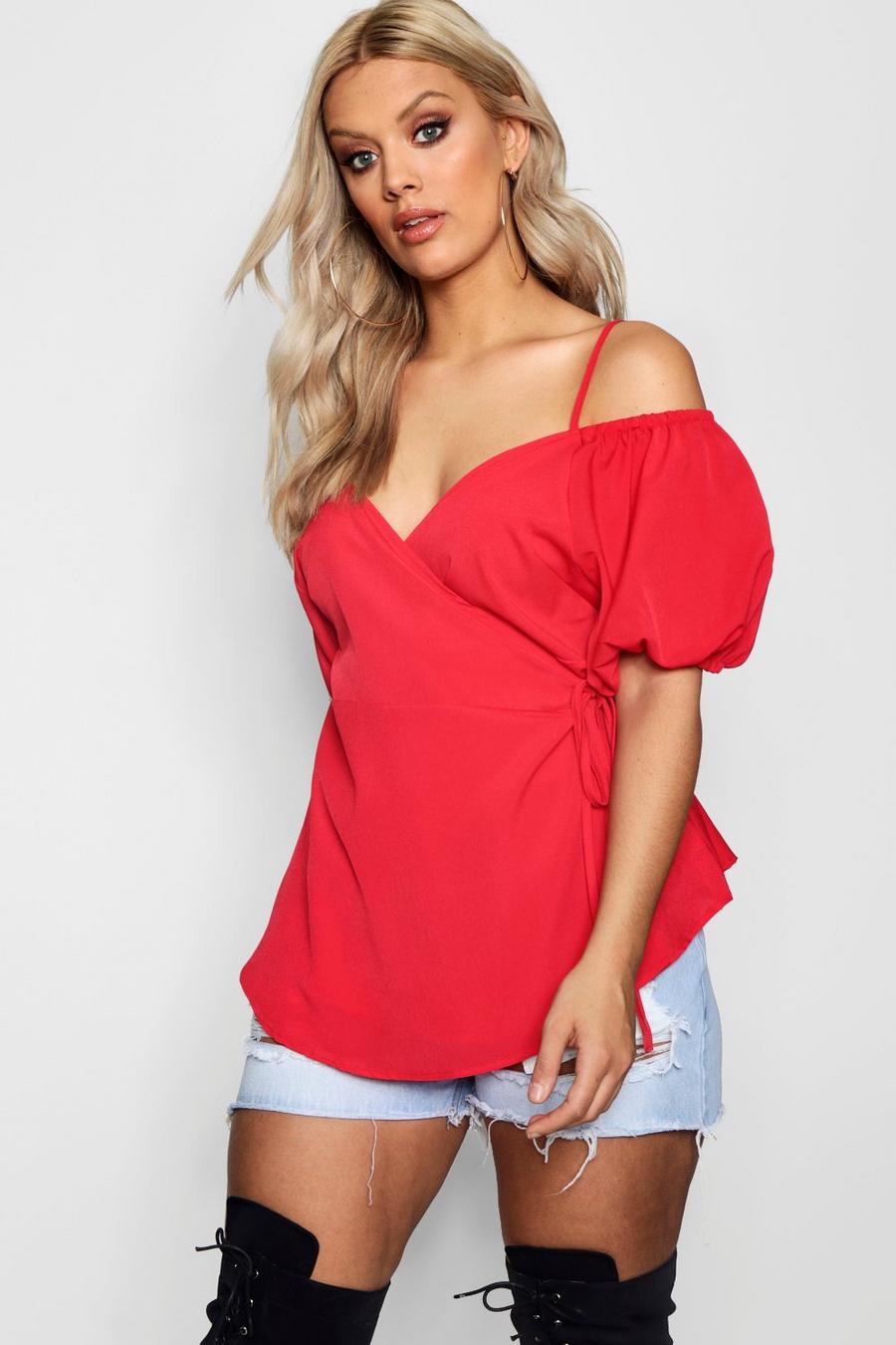 Red Plus Wrap Front Open Shoulder Top image number 1