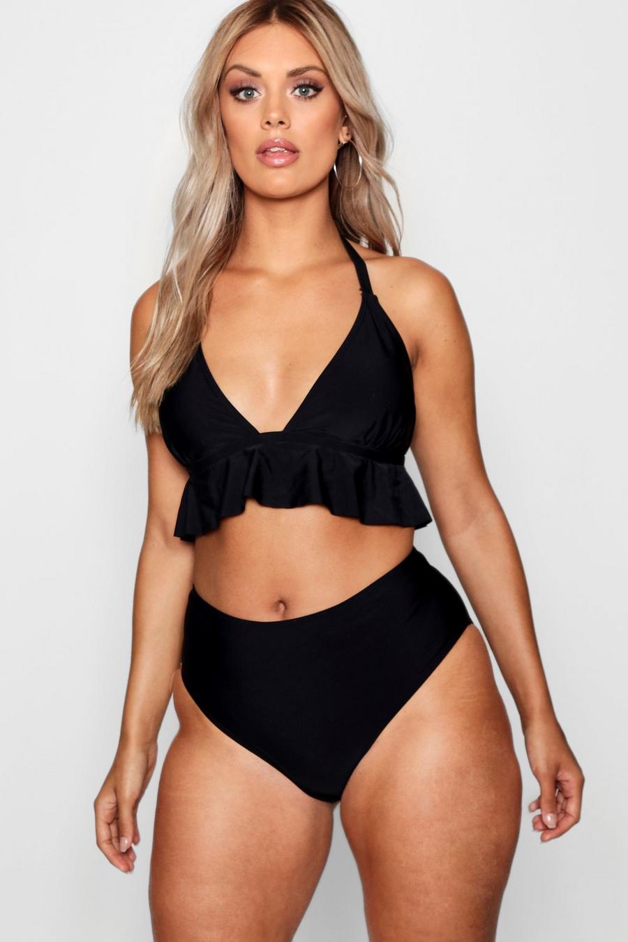 Bikini Plus Size a vita alta arricciato con ferretto, Black image number 1