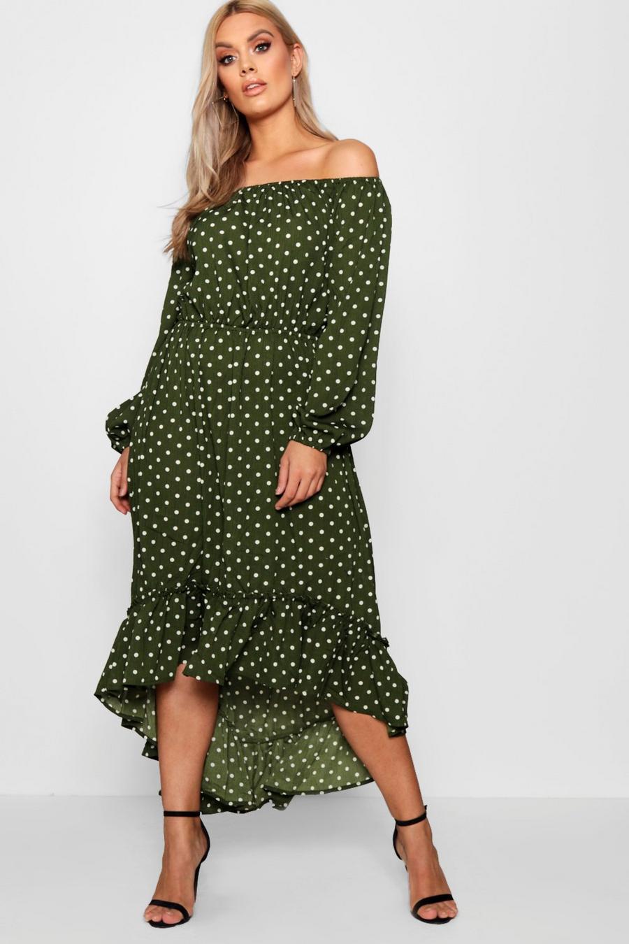 Khaki Plus Spotty Ruffle Off Shoulder Maxi Dress image number 1