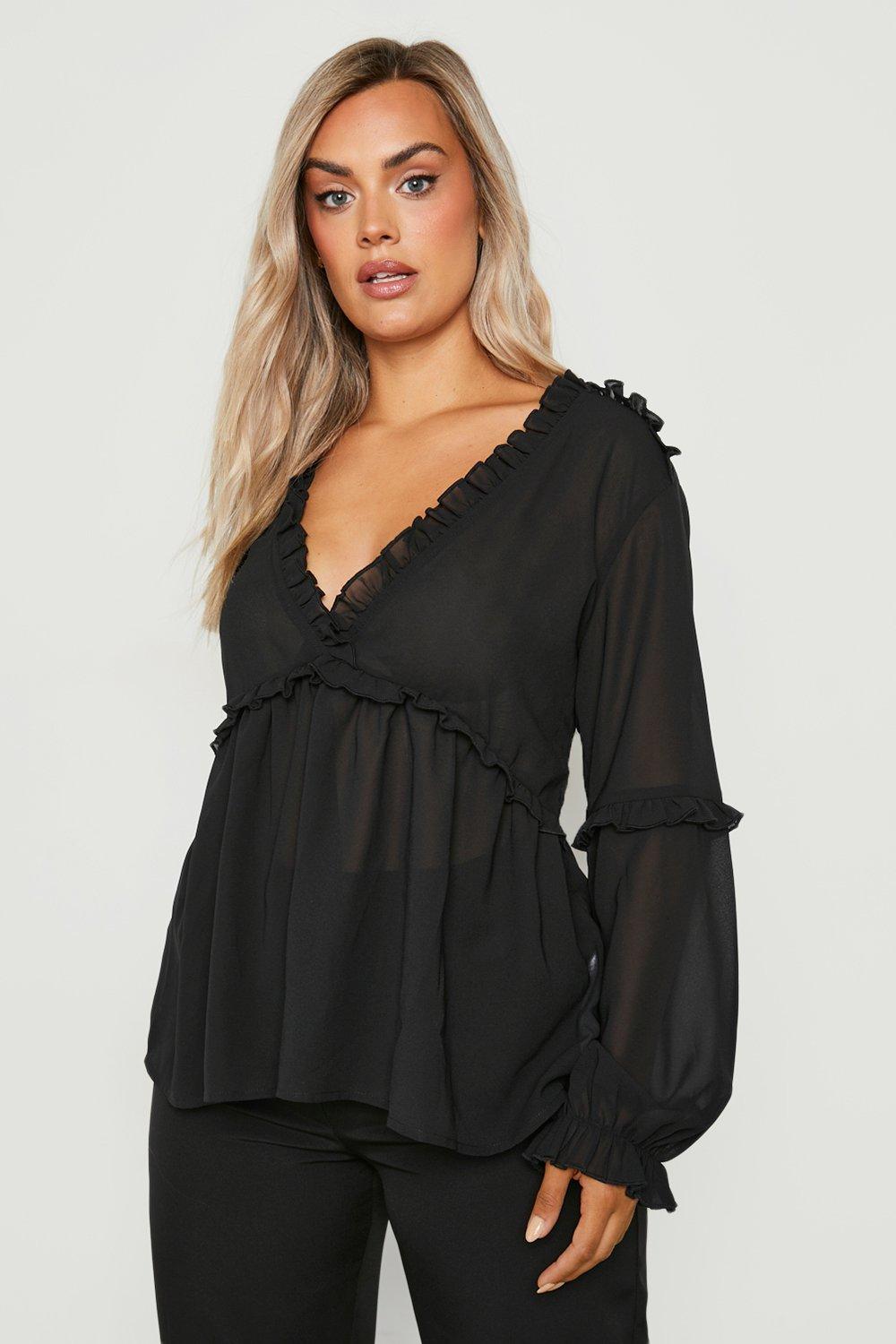 Women's Black Plus Ruffle Detail Plunge Blouse | Boohoo UK