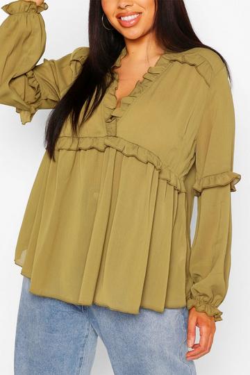 Khaki Plus Ruffle Detail Plunge Blouse