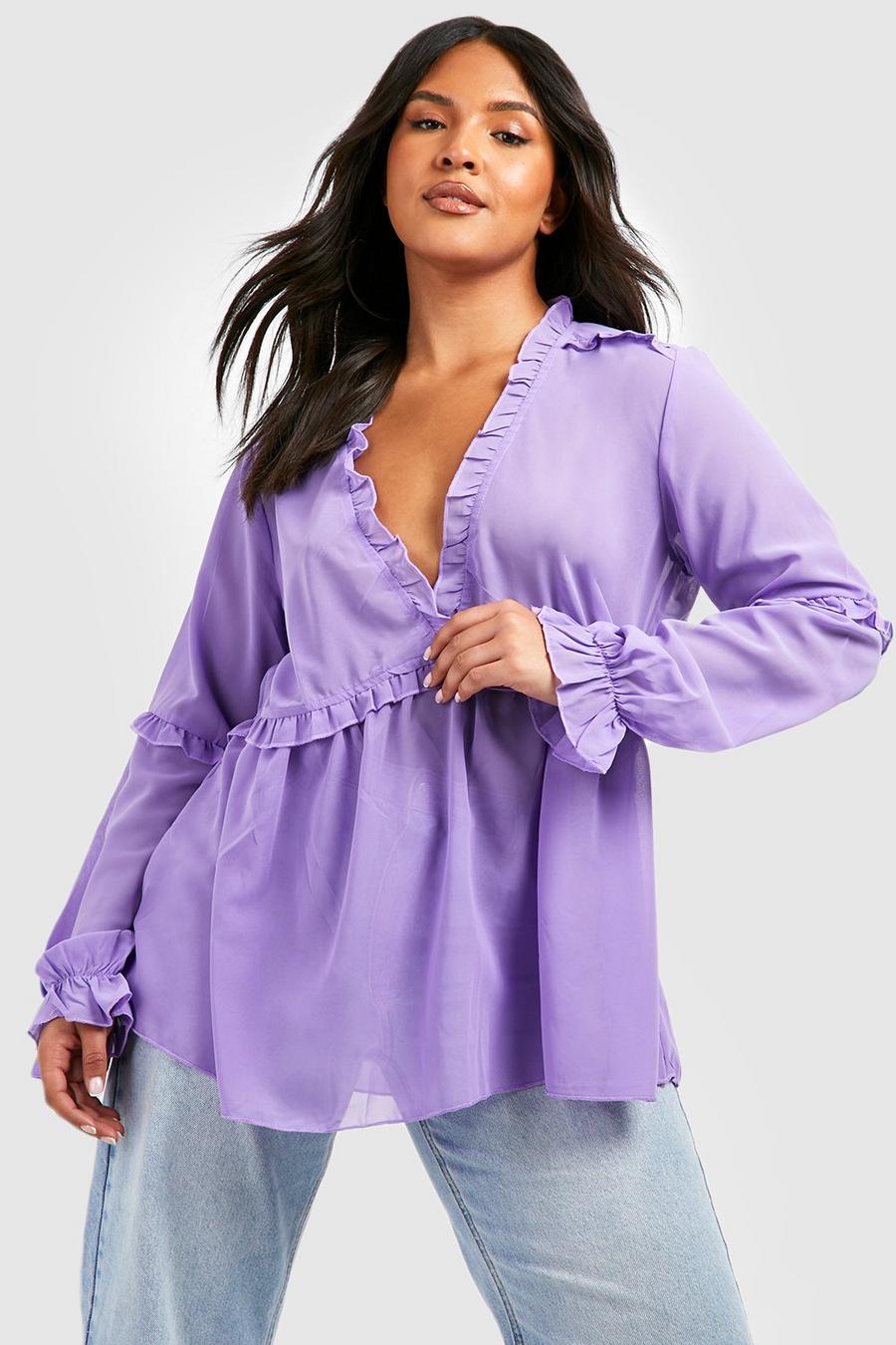 Blusa Plus Size con scollo profondo e dettagli arricciati, Lilac image number 1