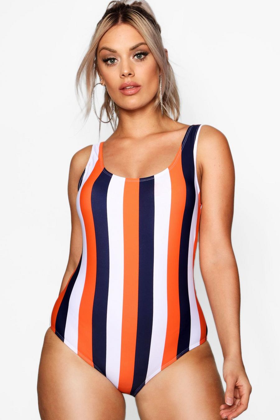 Orange Plus Square Neck Scoop Back Stripe Swimsuit image number 1