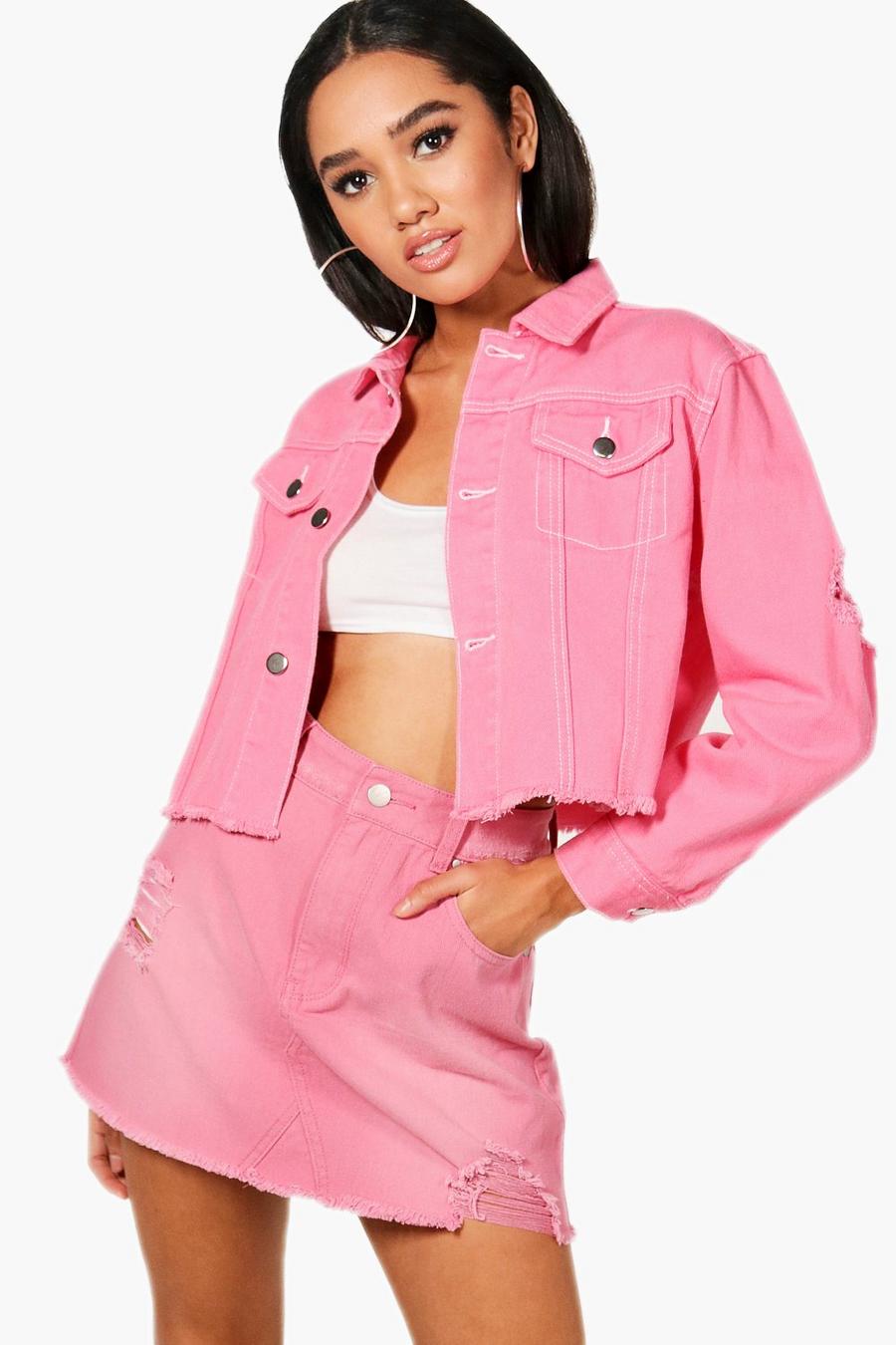 Pink Petite Cropped Denim Trucker Jacket image number 1