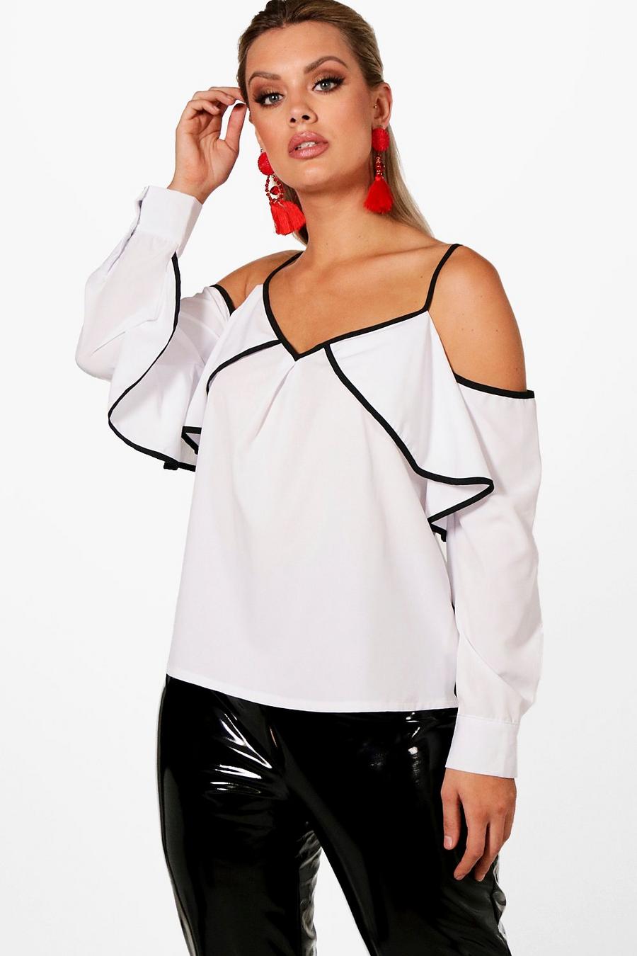 White Plus Contrast Binding Cold Shoulder Top image number 1
