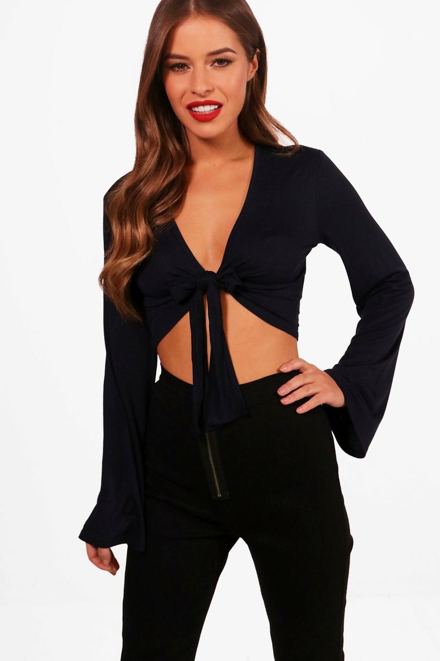 Navy Petite Knot Front Flare Sleeve Top image number 1