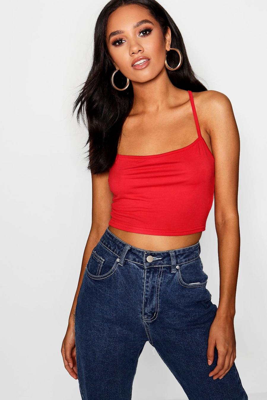 Red Petite Cross Back Strappy Square Neck Crop Top image number 1