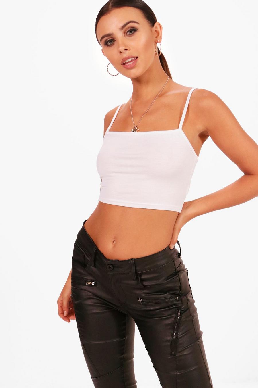 White Petite Cross Back Strappy Square Neck Crop Top image number 1