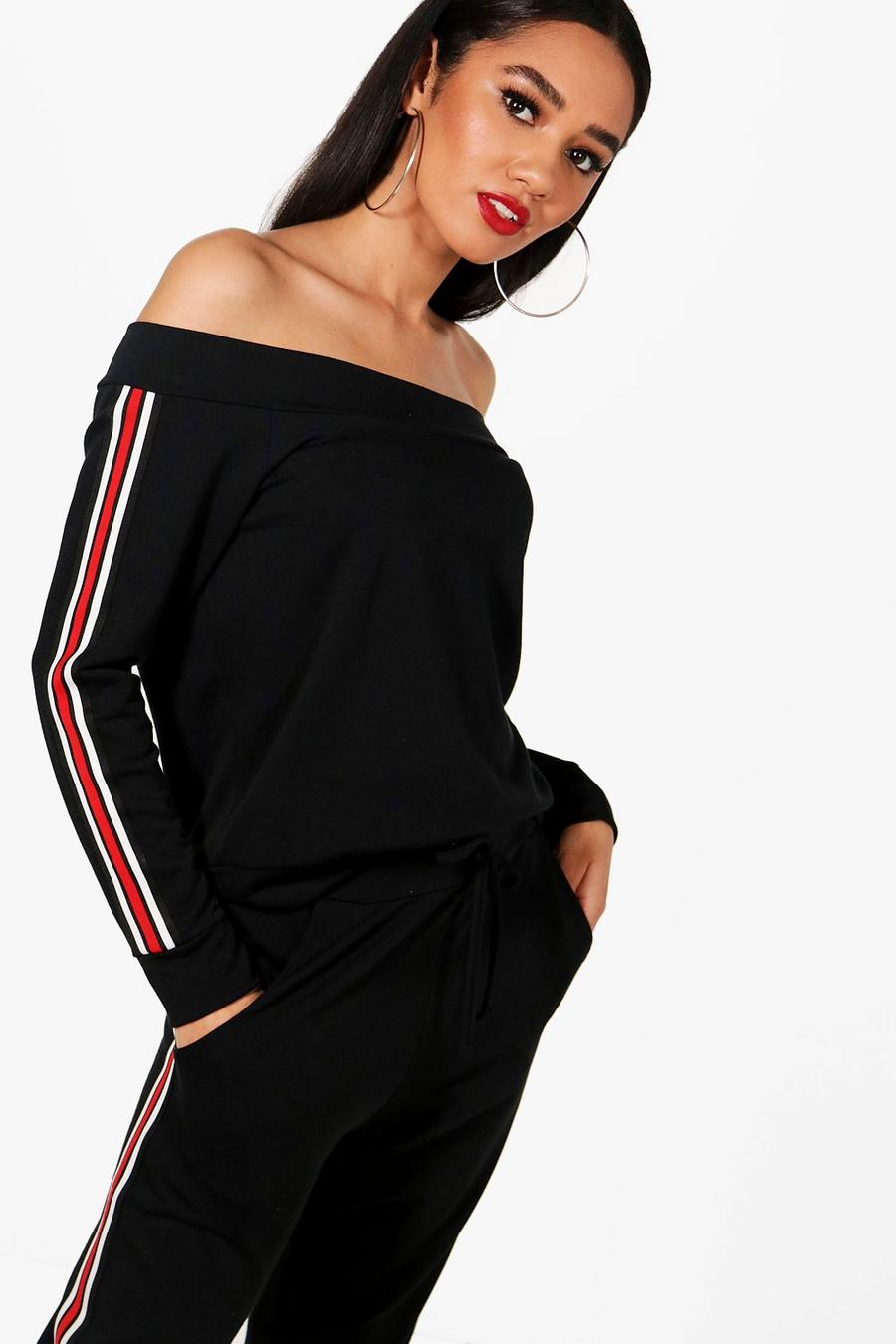 Black Petite Off The Shoulder Sports Trim Two-Piece Sweat Top image number 1