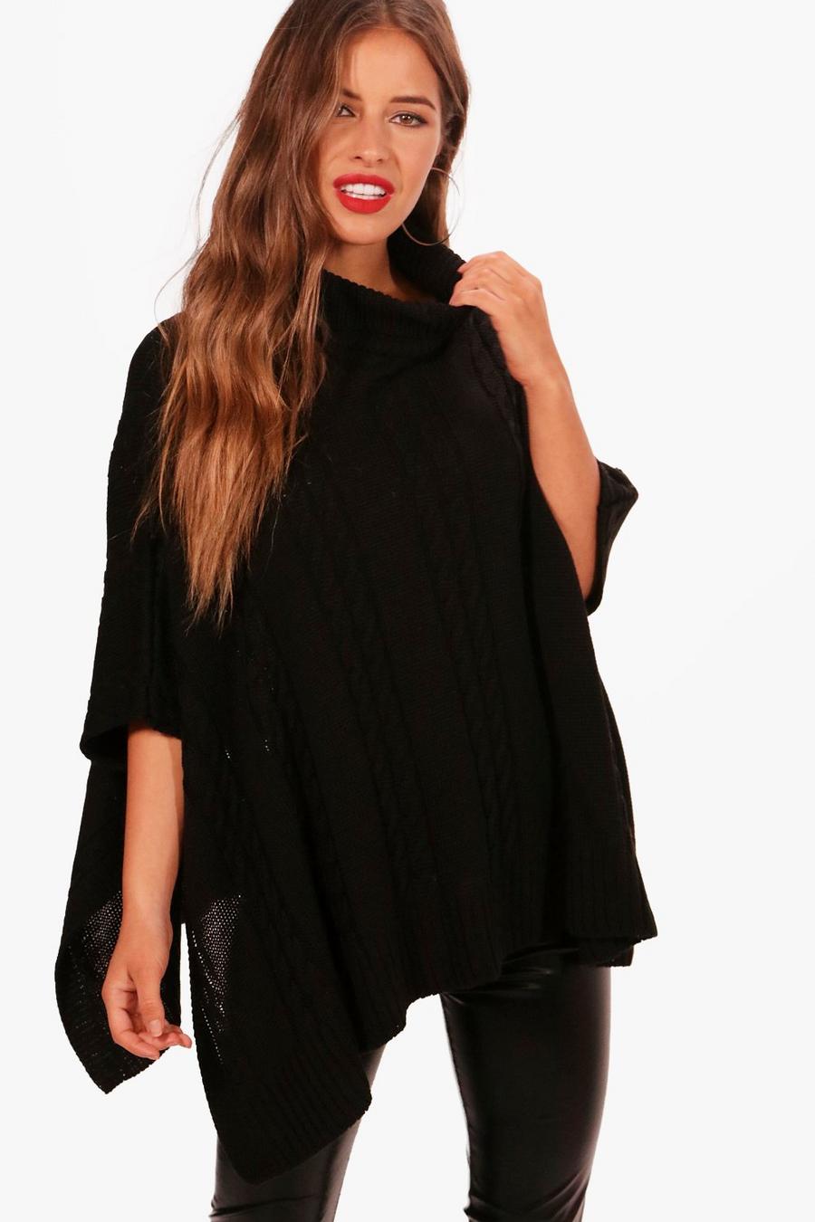 Black Petite Lucinda Chunky Cable Knitted Poncho image number 1