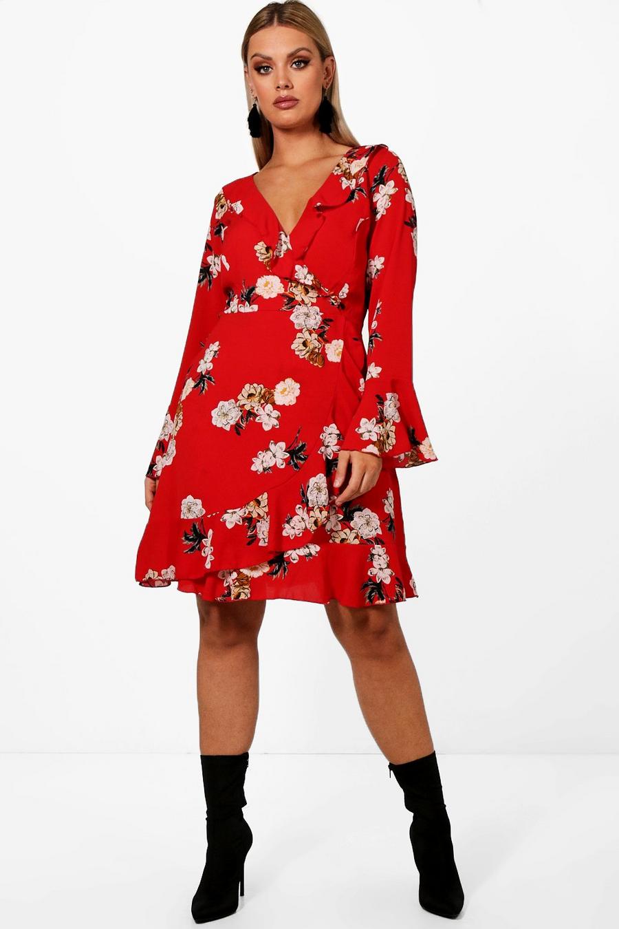Red Plus Ruffle Detail Floral Tea Dress image number 1
