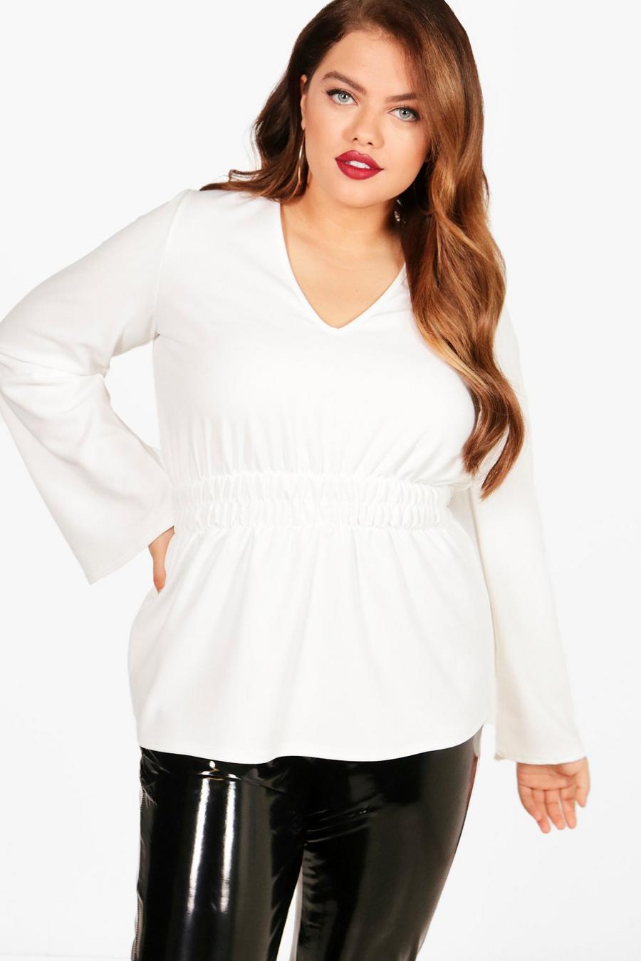 White Plus Shirred Waist Wide Sleeve Blouse image number 1
