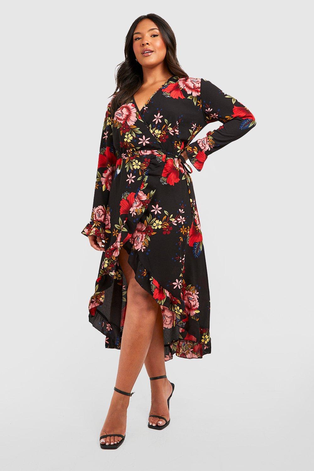 Boohoo Plus Wrap Floral Midi Dress