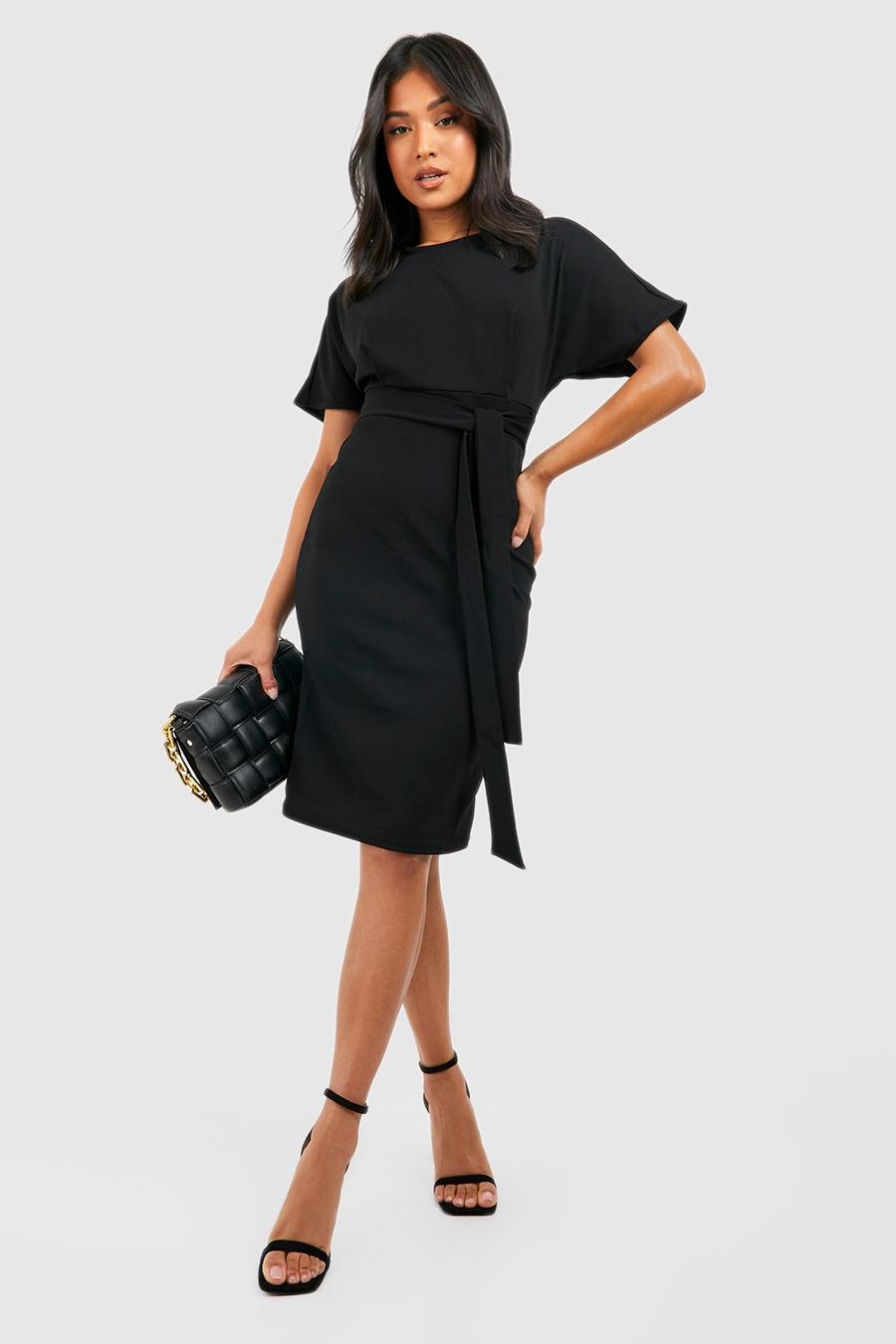 Black Petite Tie Waist Formal Wiggle Midi Dress