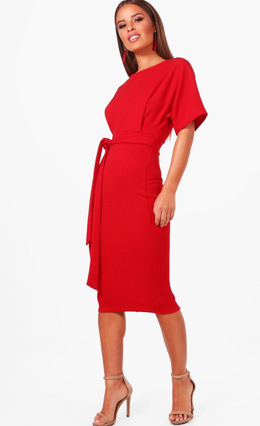 Red Petite Tie Waist Formal Wiggle Midi Dress image number 1