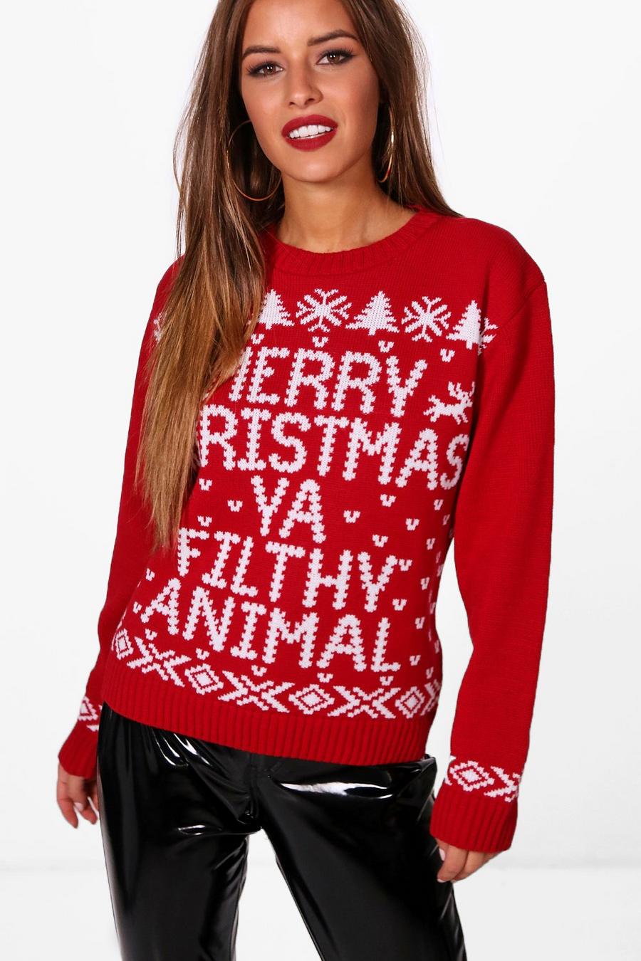 Red Petite - "Merry Christmas Ya Filthy Animal" Stickad jultröja med slogan image number 1
