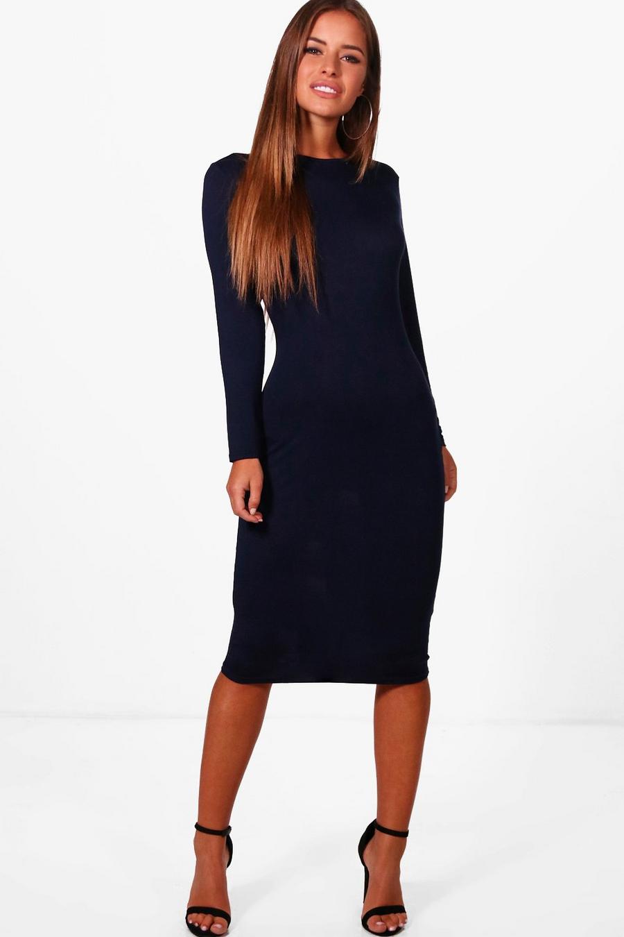 Marineblauw Petite Basic Midi Jurk Met Lange Mouwen image number 1