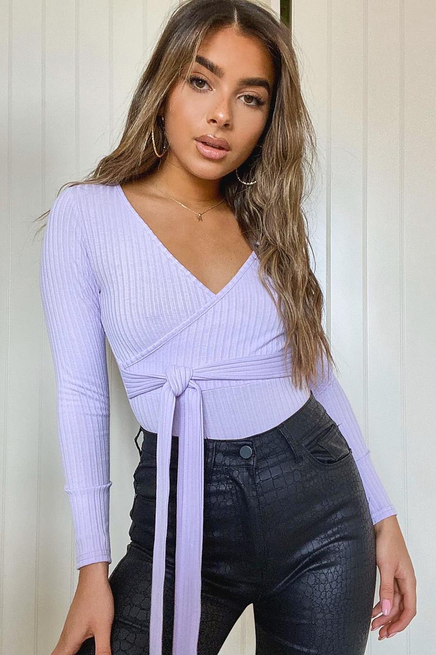 Lilac Petite Knitted Wrap Bodysuit image number 1