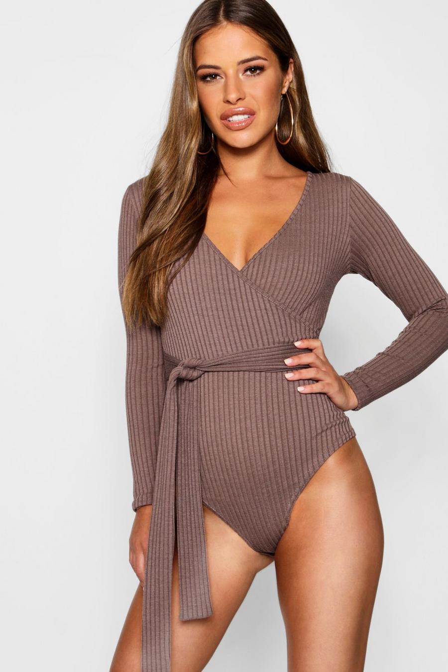 Mocha Petite Knitted Wrap Bodysuit image number 1