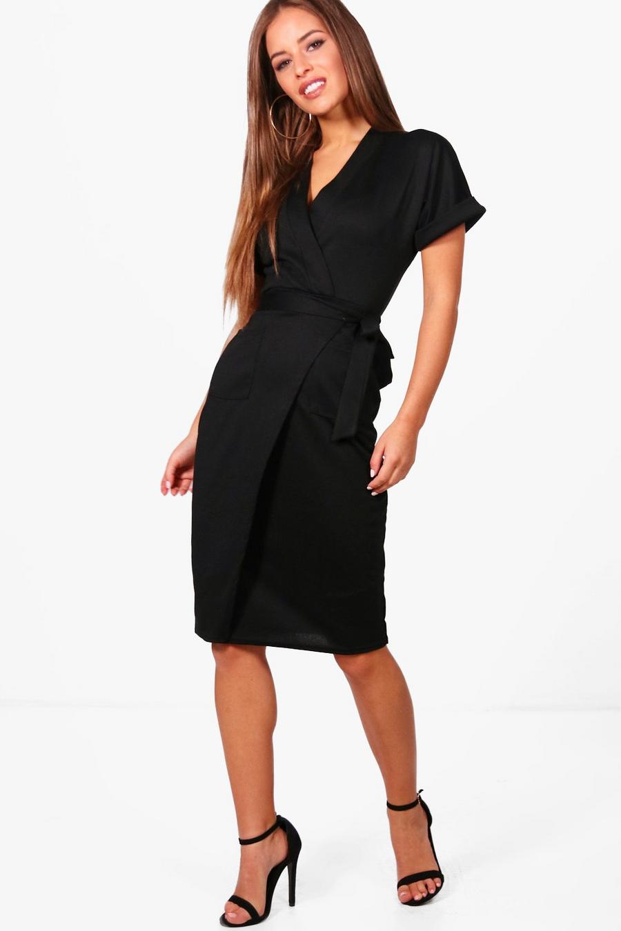 Black Petite - Midiklänning i omlottmodell med knytband image number 1