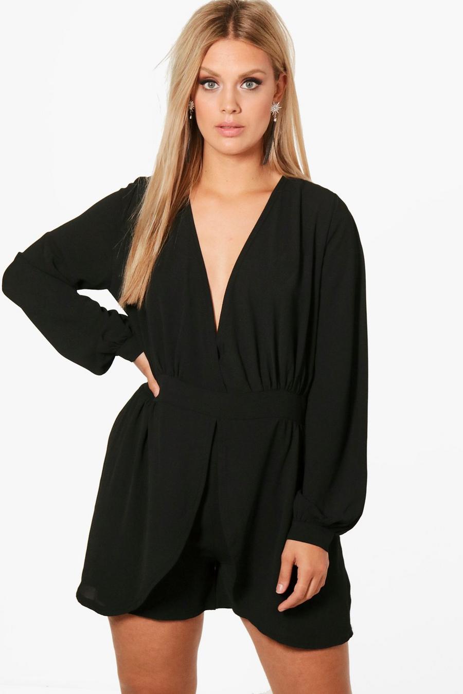 Plus Playsuit mit gebundenen Ärmeln und Wickelfront, Schwarz image number 1