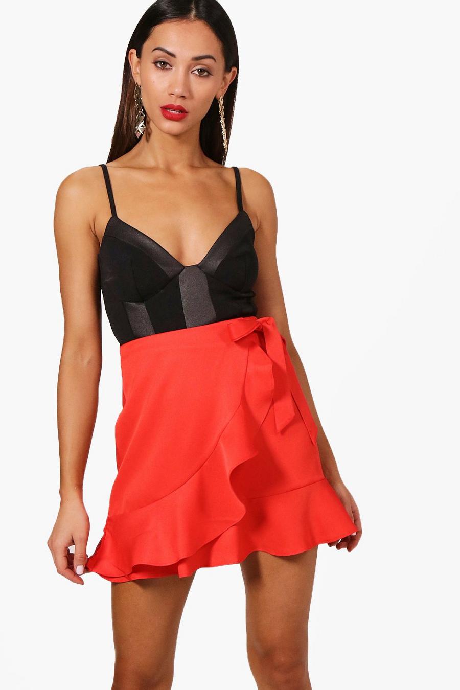 Red Petite Ruffle Front Tie Waist Mini Skirt image number 1