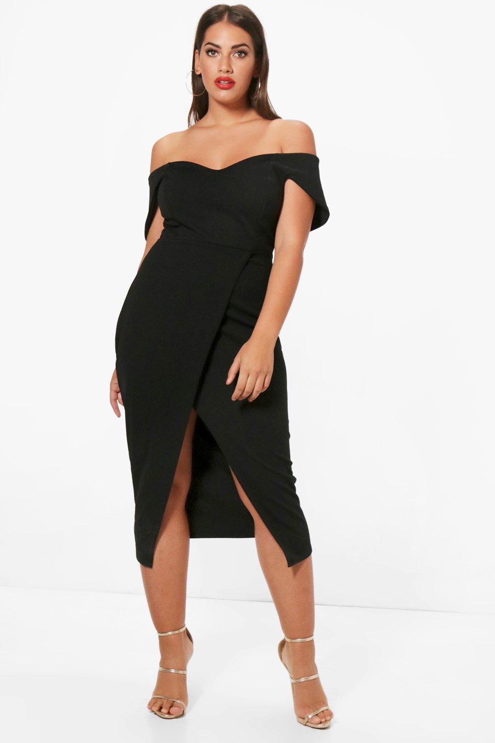 boohoo plus off the shoulder wrap dress