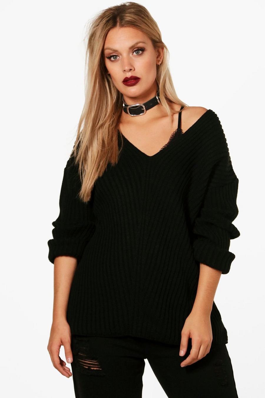 Black Plus Slouchy V Neck Sweater image number 1